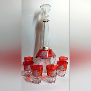 7 Piece MCM Italian Lubiana Glass Decanter Set with Shot Glasses, Home Bar Cart